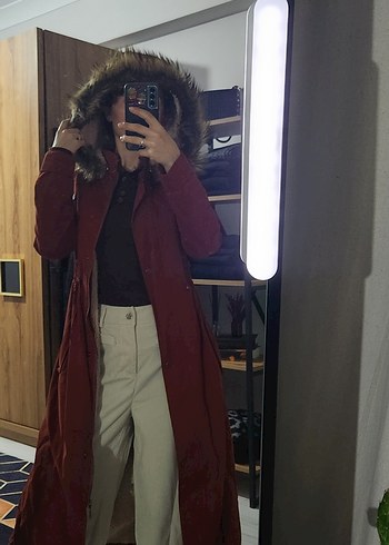 Bordo Süet Midi Boy Kürklü Kadın Mont - Görsel 2