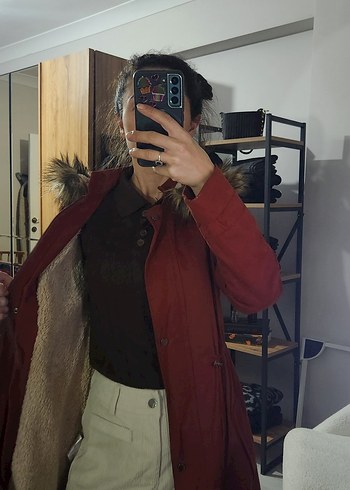 Bordo Süet Midi Boy Kürklü Kadın Mont - Görsel 3