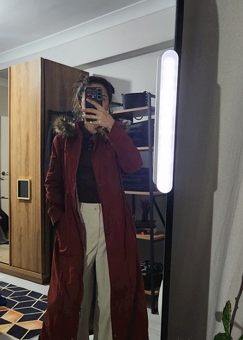 Bordo Süet Midi Boy Kürklü Kadın Mont - Görsel 4