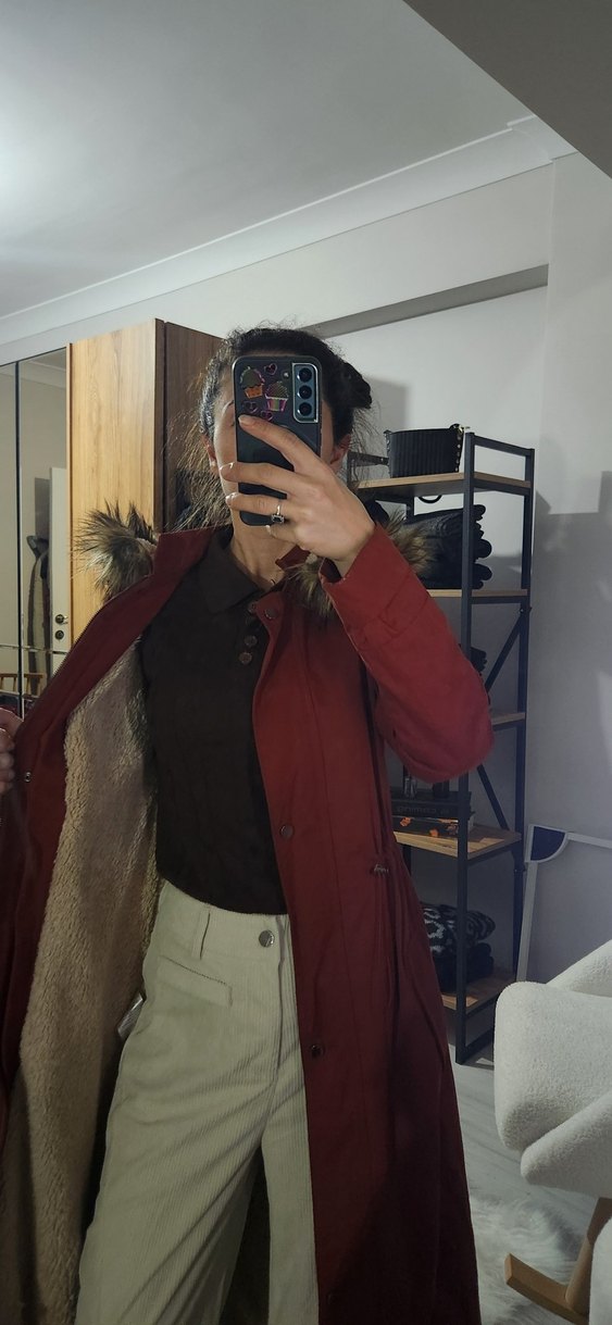 Bordo Süet Midi Boy Kürklü Kadın Mont - Görsel 3