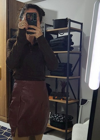 Kahverengi Deri Yılan Desenli Midi Etek - Görsel 2