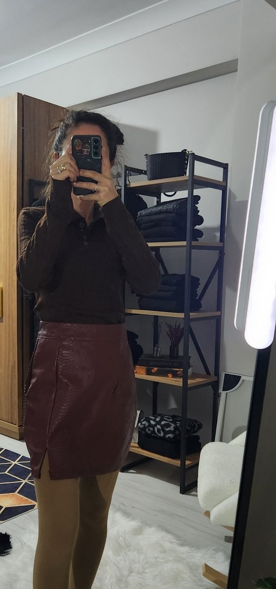 Kahverengi Deri Yılan Desenli Midi Etek - Görsel 2