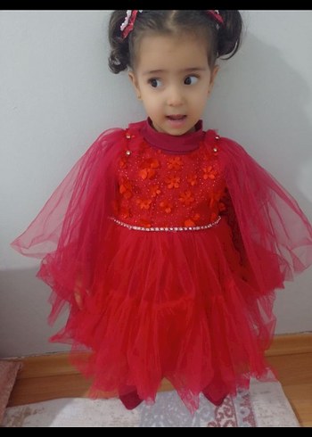 Kız Çocuk Kırmızı Fırfırlı Straplez Elbise - Görsel 2