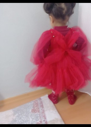 Kız Çocuk Kırmızı Fırfırlı Straplez Elbise - Görsel 3