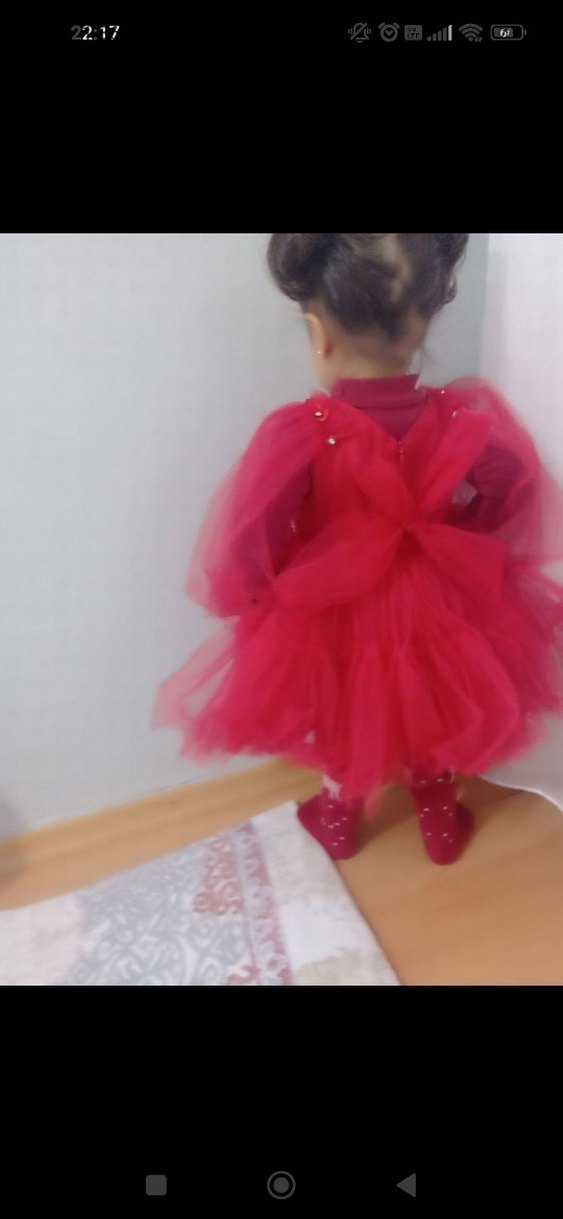 Kız Çocuk Kırmızı Fırfırlı Straplez Elbise - Görsel 3