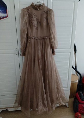 Uzun Kollu Bej Vintage Abiye Elbise - Görsel 6