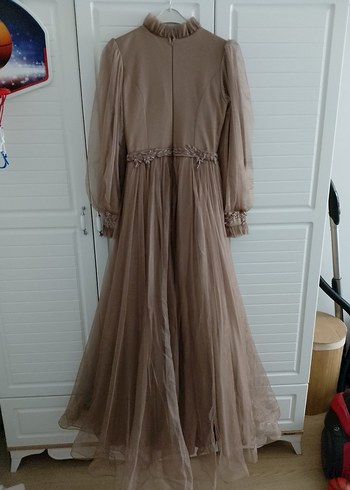 Uzun Kollu Bej Vintage Abiye Elbise - Görsel 8