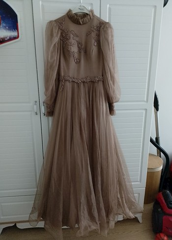 Uzun Kollu Bej Vintage Abiye Elbise - Görsel 5