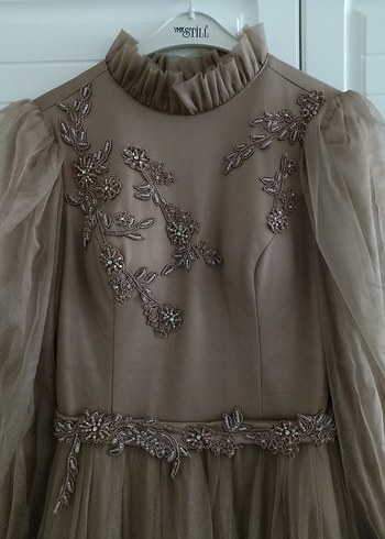 Uzun Kollu Bej Vintage Abiye Elbise - Görsel 7