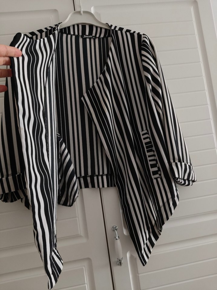 Kadın Siyah-Gri Çizgili Pilili Blazer Ceket - Görsel 3