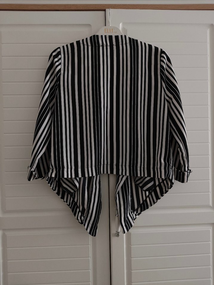 Kadın Siyah-Gri Çizgili Pilili Blazer Ceket - Görsel 5