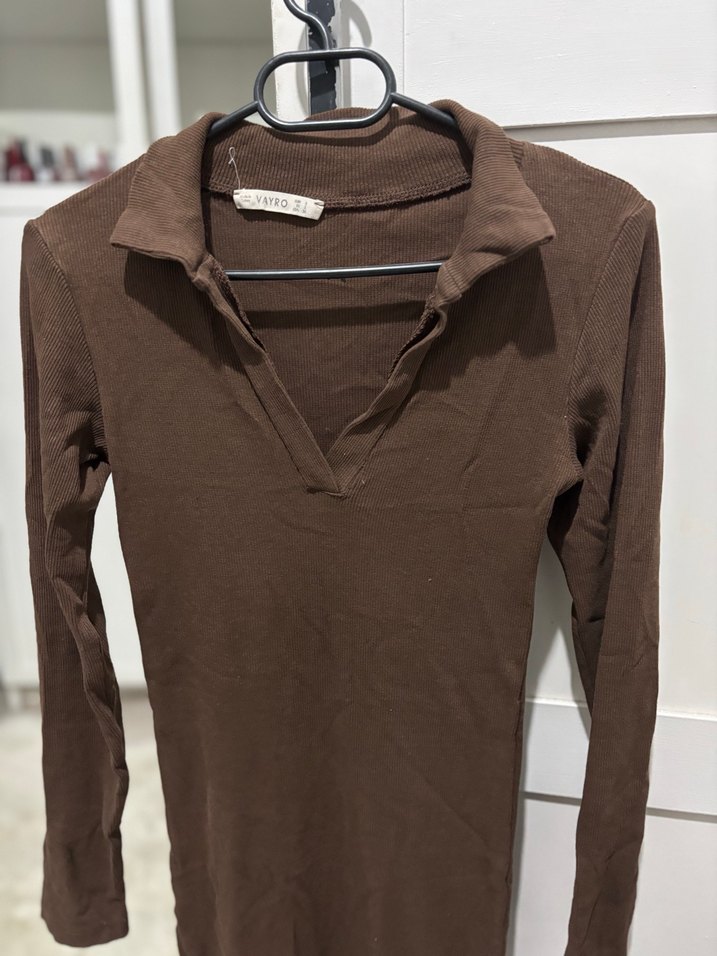 Kahverengi Uzun Kollu Midi Kadın Elbise - Görsel 2