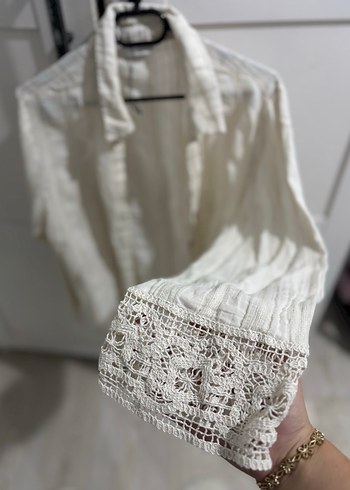 Kadın Beyaz Keten Bohem Düğmeli Gömlek - Görsel 2