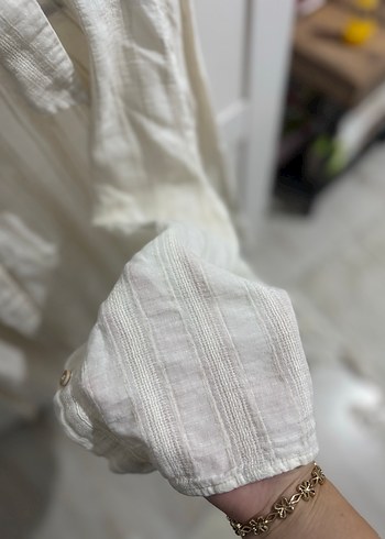 Kadın Beyaz Keten Bohem Düğmeli Gömlek - Görsel 6