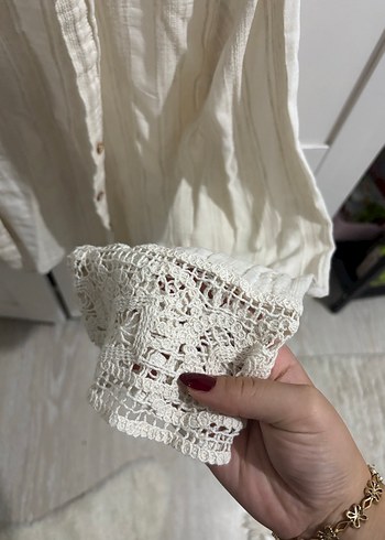 Kadın Beyaz Keten Bohem Düğmeli Gömlek - Görsel 3