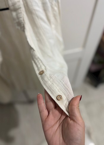 Kadın Beyaz Keten Bohem Düğmeli Gömlek - Görsel 4