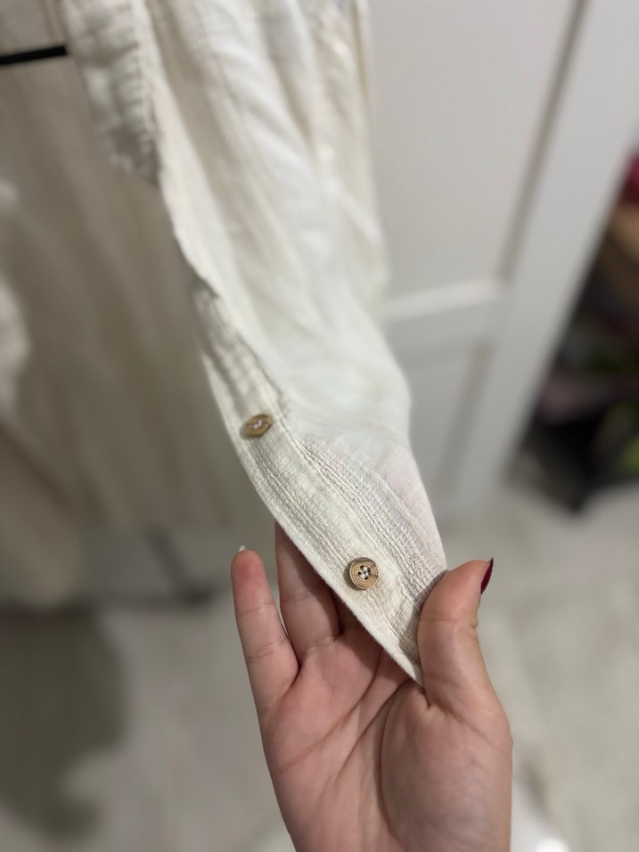 Kadın Beyaz Keten Bohem Düğmeli Gömlek - Görsel 4