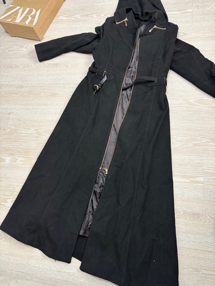 Uzun Siyah  Fermuarlı Kadın Kaban - Görsel 5