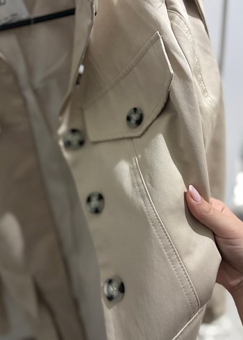 Bej Kadın Deri Düğmeli Trençkot - Görsel 4