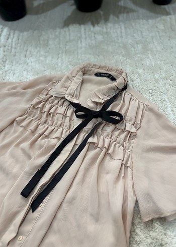 PudraKısa Kollu Fırfırlı Keten Gömlek - Görsel 3