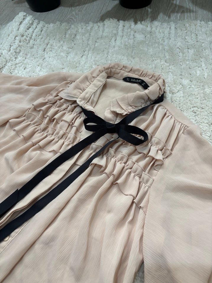 PudraKısa Kollu Fırfırlı Keten Gömlek - Görsel 2