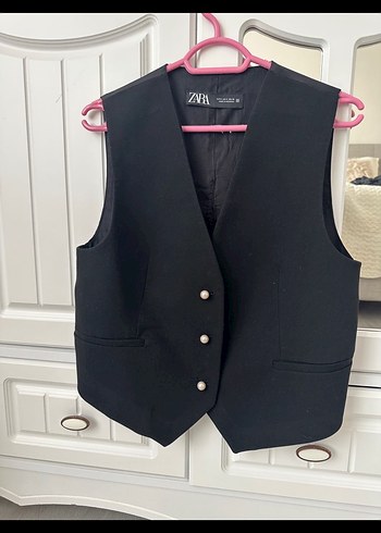 Zara Siyah Deri inci Düğmeli Kadın Yelek