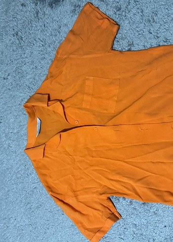 Turuncu Düğmeli Kısa Kollu Keten Gömlek - Görsel 4