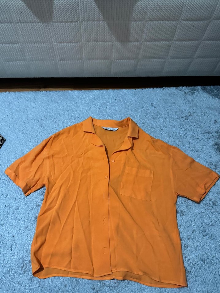 Turuncu Düğmeli Kısa Kollu Keten Gömlek - Görsel 3