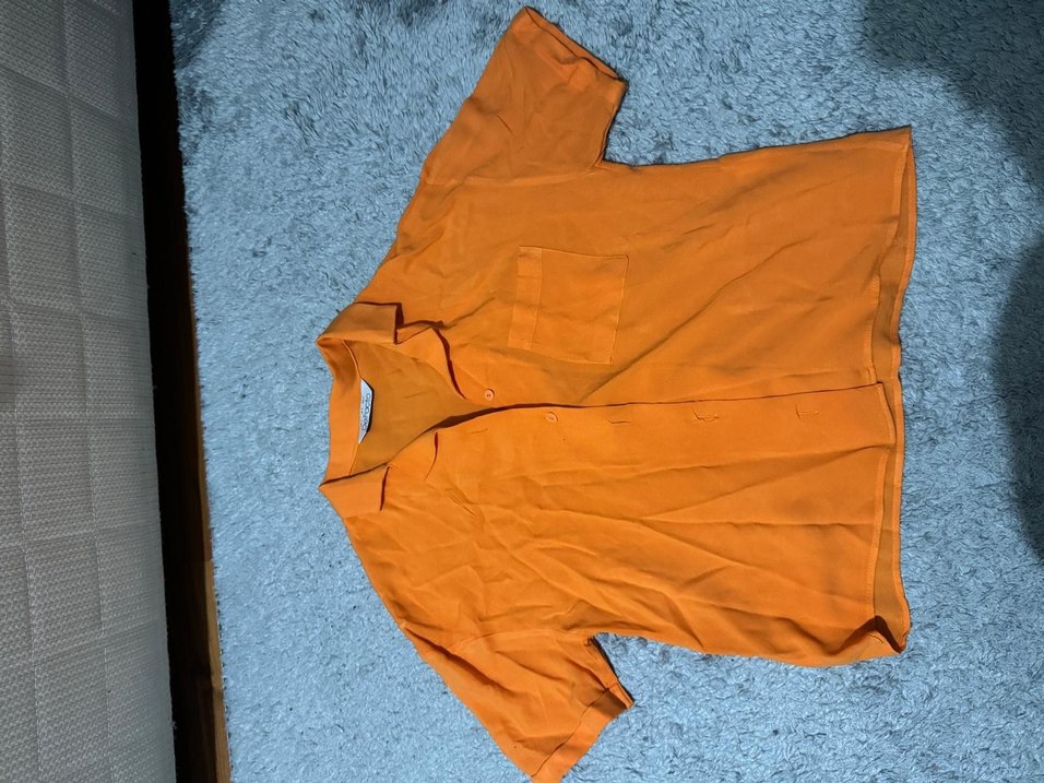 Turuncu Düğmeli Kısa Kollu Keten Gömlek - Görsel 4