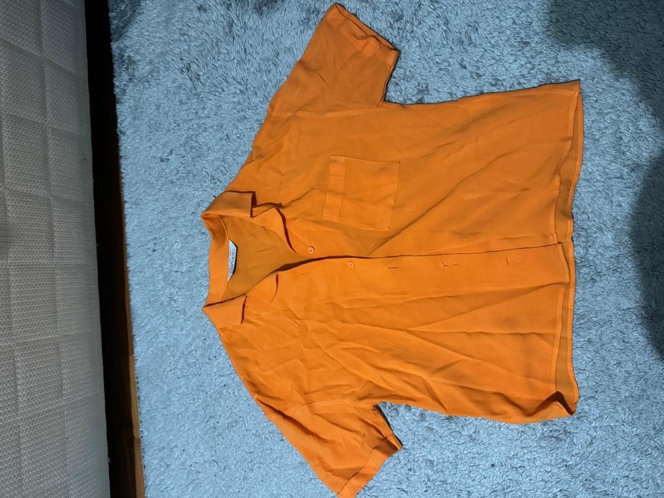 Turuncu Düğmeli Kısa Kollu Keten Gömlek - Görsel 5