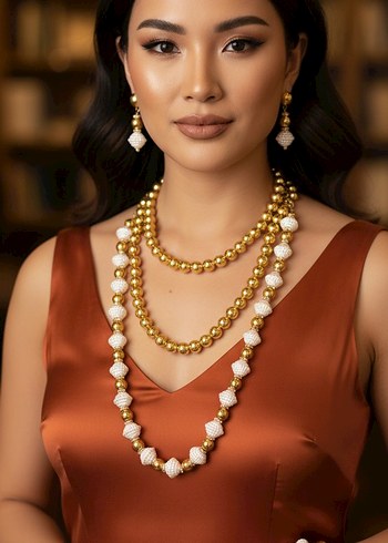 Uzun Boyunlu Altın Renkli Boncuklu Kadın Kolye - Görsel 9