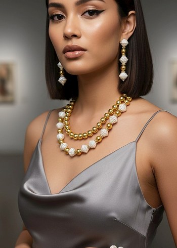 Uzun Boyunlu Altın Renkli Boncuklu Kadın Kolye - Görsel 4