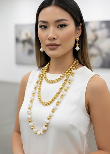 Uzun Boyunlu Altın Renkli Boncuklu Kadın Kolye - Görsel 8