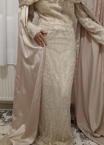 Drapeli İşlemeli bej rengi Uzun Nişan Elbisesi - Görsel 2