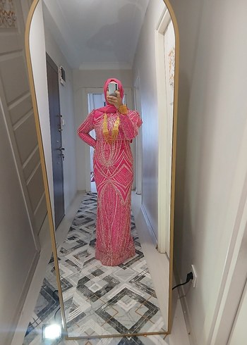 Pembe Drapeli Uzun Abiye Elbise - Görsel 5