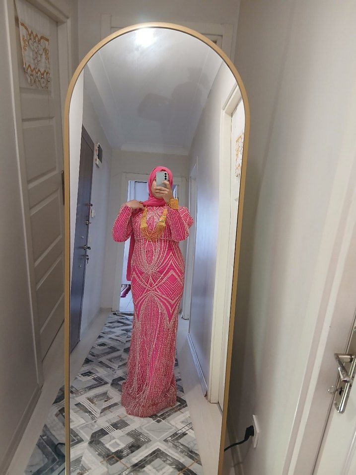 Pembe Drapeli Uzun Abiye Elbise - Görsel 4