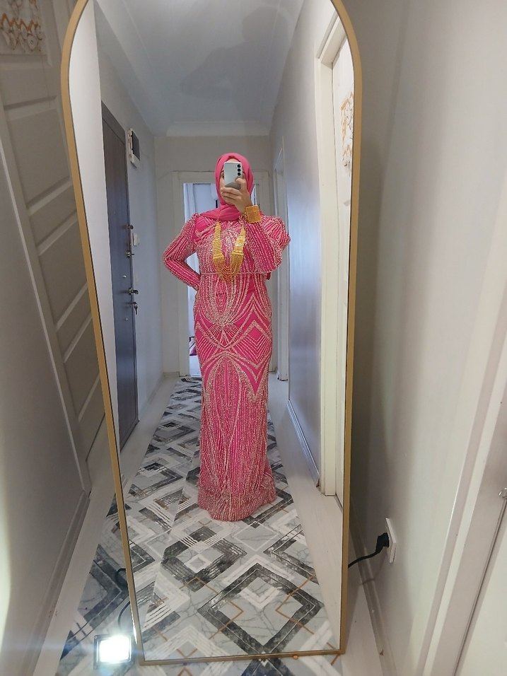 Pembe Drapeli Uzun Abiye Elbise - Görsel 5