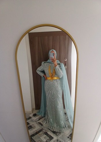 Uzun Kollu Turkuaz Drapeli Abiye Elbise - Görsel 4