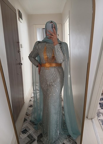 Uzun Kollu Turkuaz Drapeli Abiye Elbise - Görsel 3