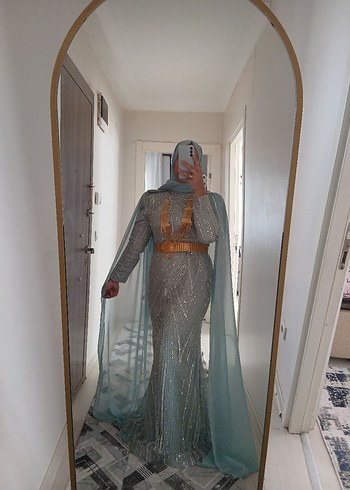 Uzun Kollu Turkuaz Drapeli Abiye Elbise - Görsel 2