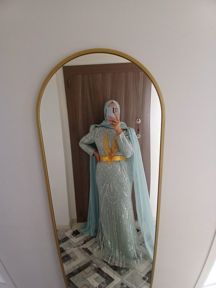 Uzun Kollu Turkuaz Drapeli Abiye Elbise - Görsel 4