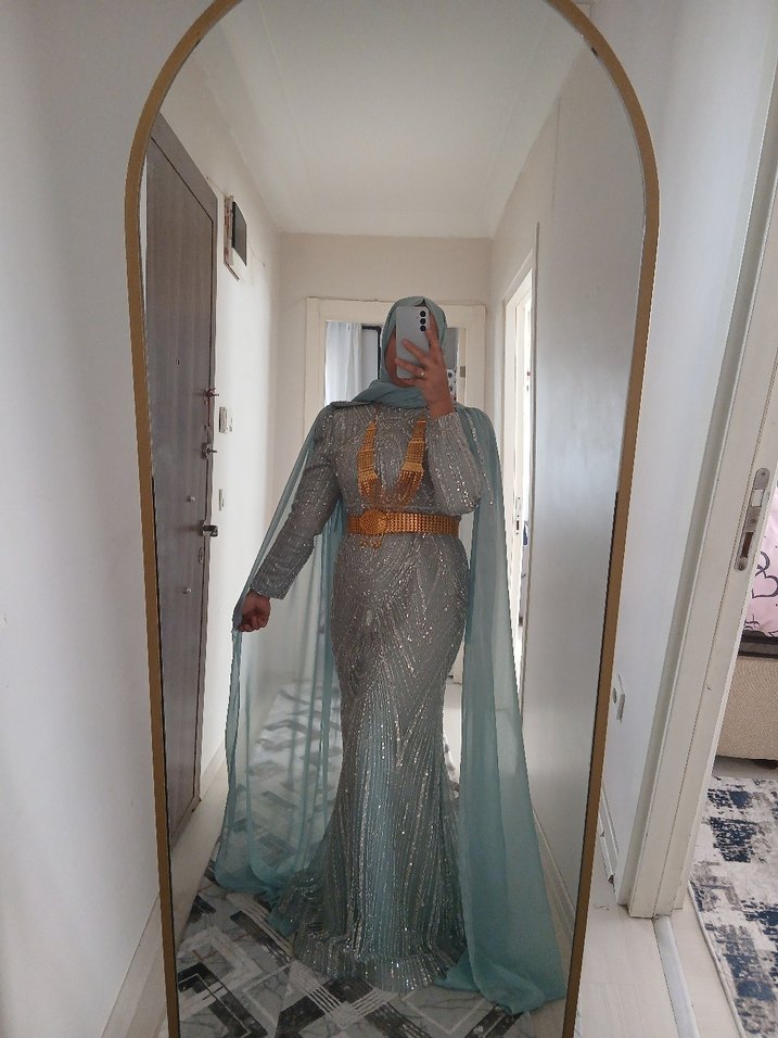 Uzun Kollu Turkuaz Drapeli Abiye Elbise - Görsel 2