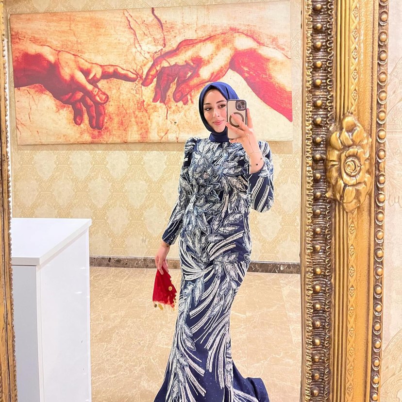 Uzun Kollu Lacivert Bağlama Desenli Abiye Elbise - Görsel 2