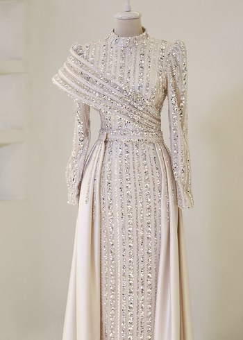 Bej İşlemeli Uzun Kollu Abiye Elbise - Görsel 2