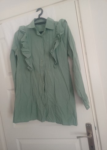 LC Waikiki Yeşil Midi Keten Gömlek, Fırfırlı, Uzun Kollu