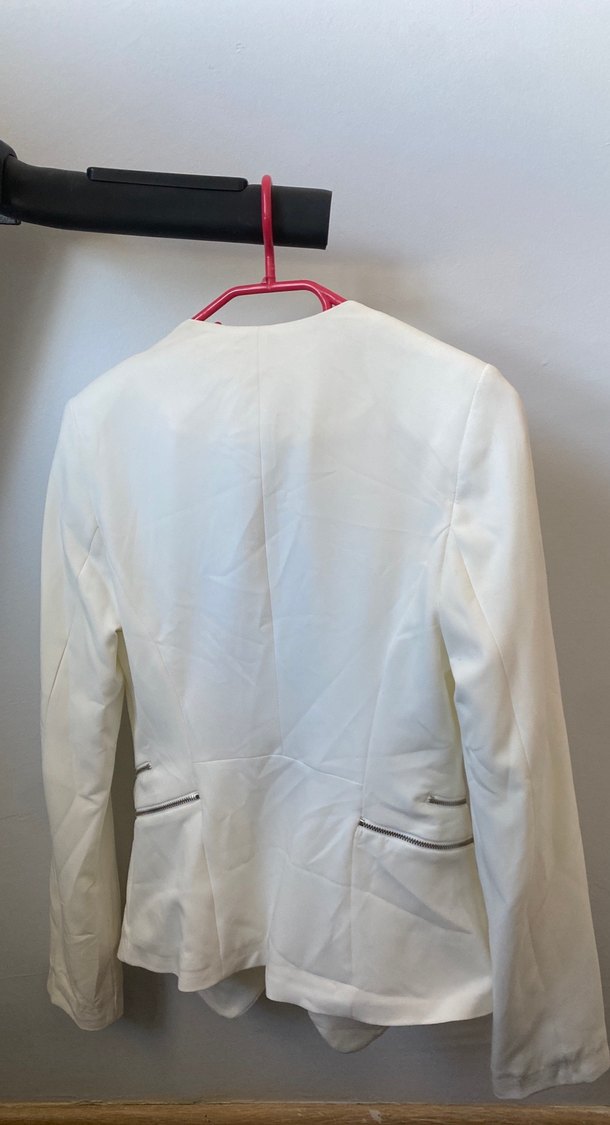 Beyaz Kadın Blazer, Fermuarlı, İnce Kesim - Görsel 3