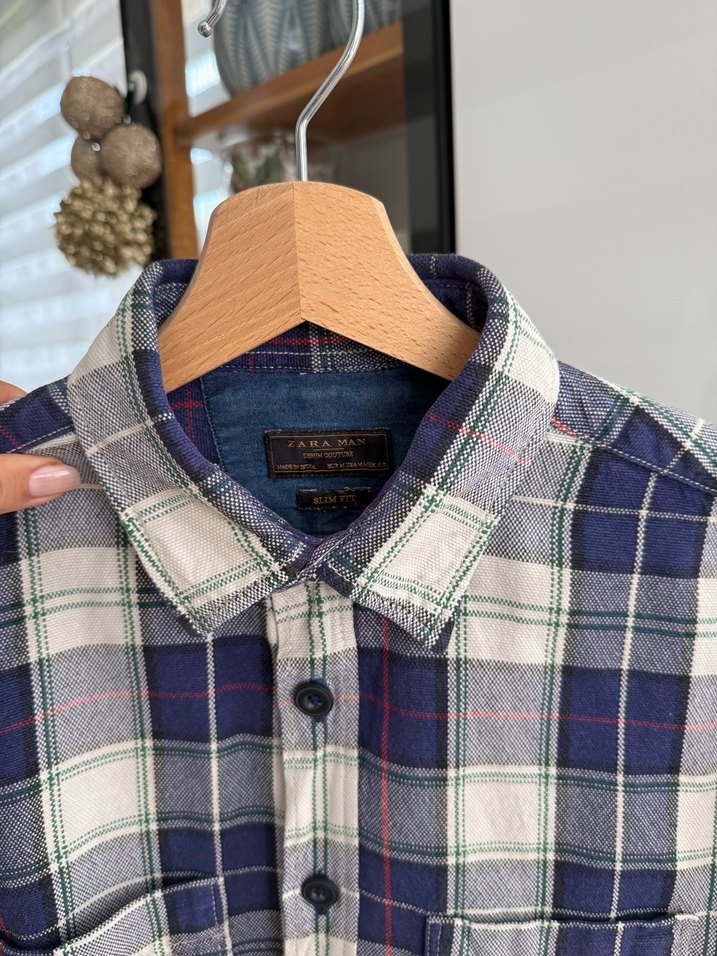Erkek Zara  Gri Mavi Kareli Uzun Kollu Gömlek - Görsel 2