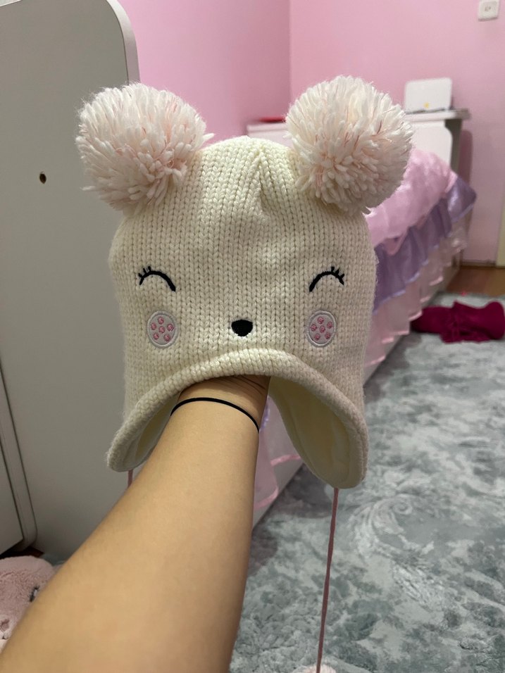 Nakışlı Beyaz Çocuk Bere Kulaklı - Görsel 2