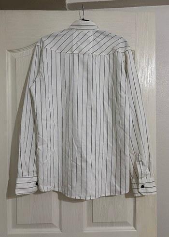 Çizgili Beyaz Pamuklu Uzun Kollu Erkek Gömlek - Görsel 7