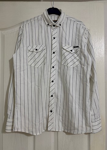 Çizgili Beyaz Pamuklu Uzun Kollu Erkek Gömlek - Görsel 3